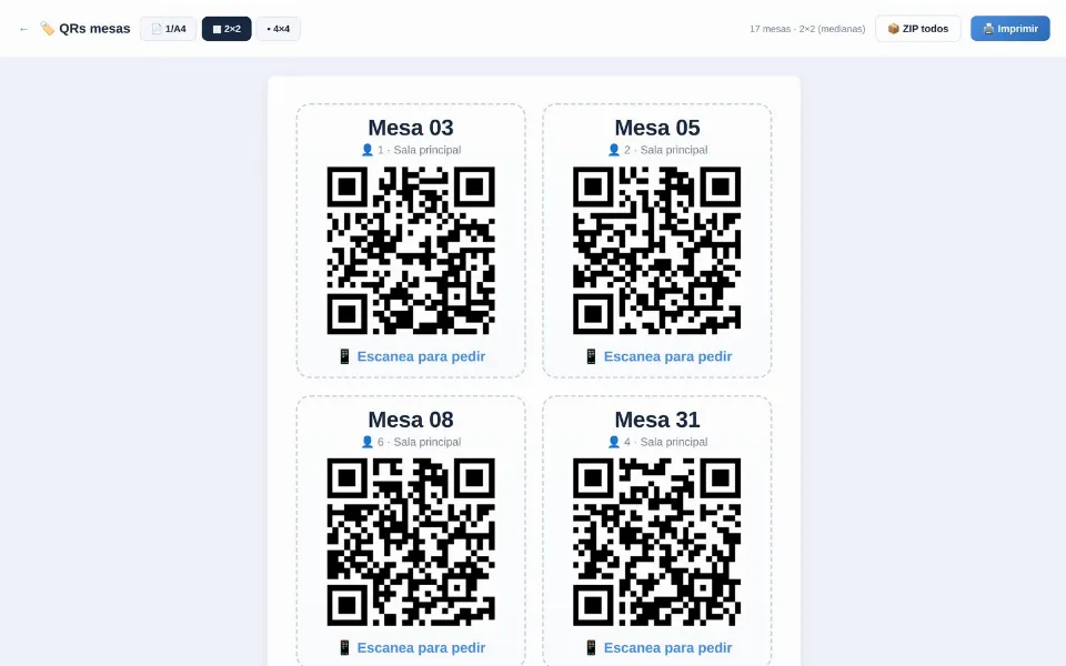 Carta digital con codigo QR por mesa en elpizzero