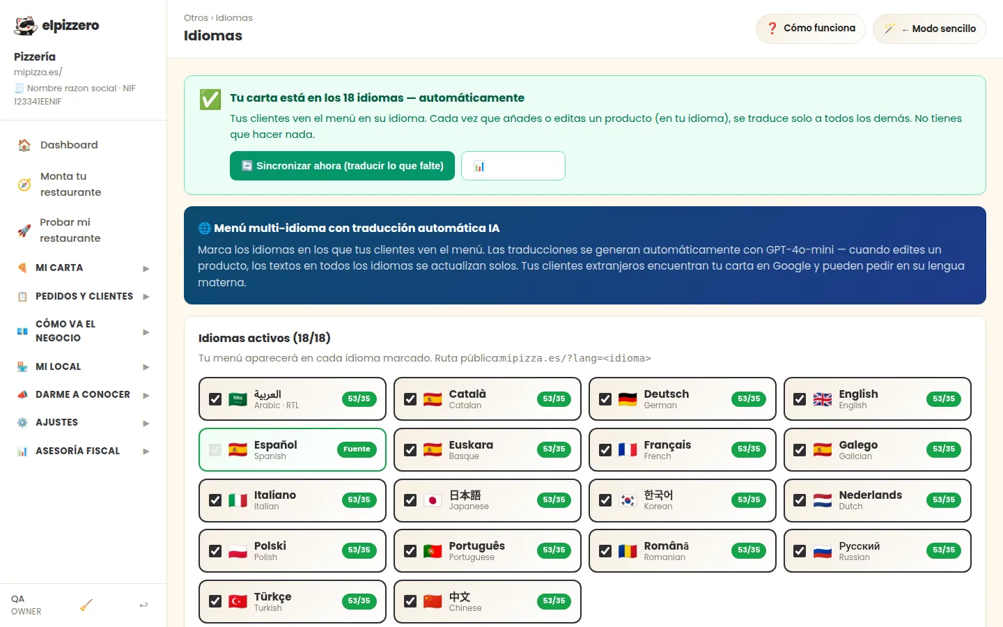 Captura del panel: Tu carta en 18 idiomas