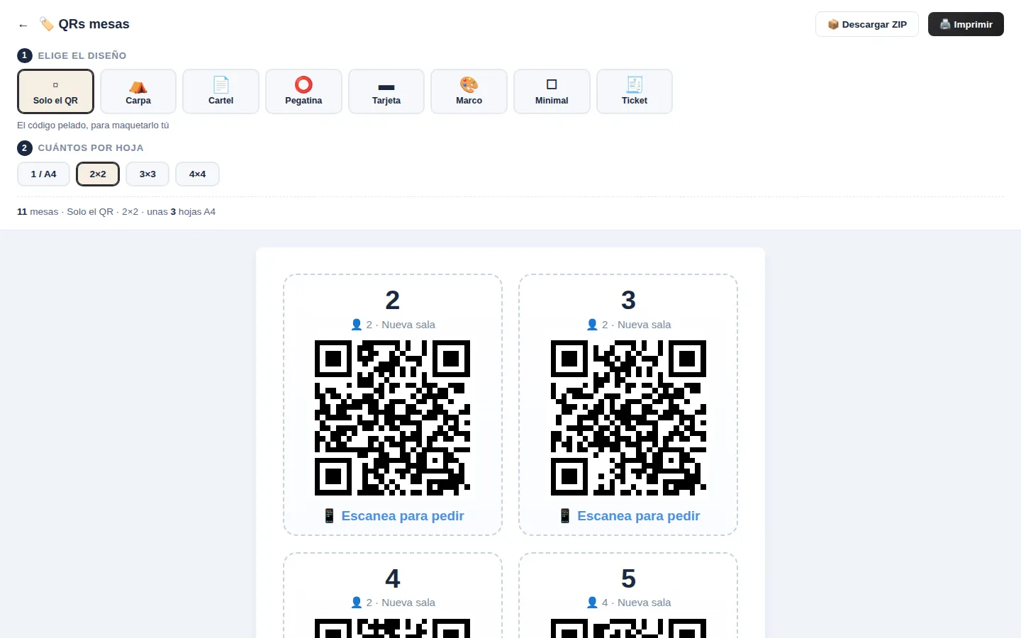 Captura del panel: Un QR en cada mesa