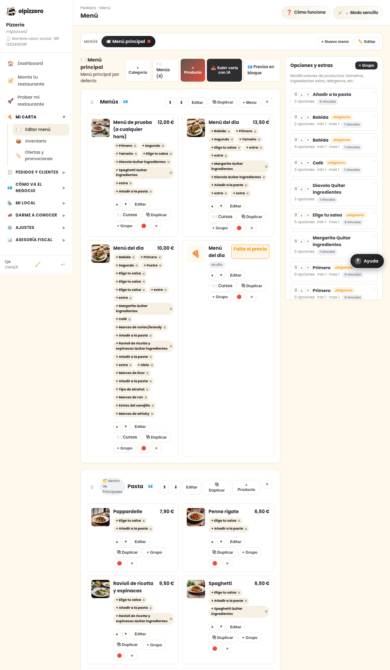 Your menu: dishes, categories, and prices