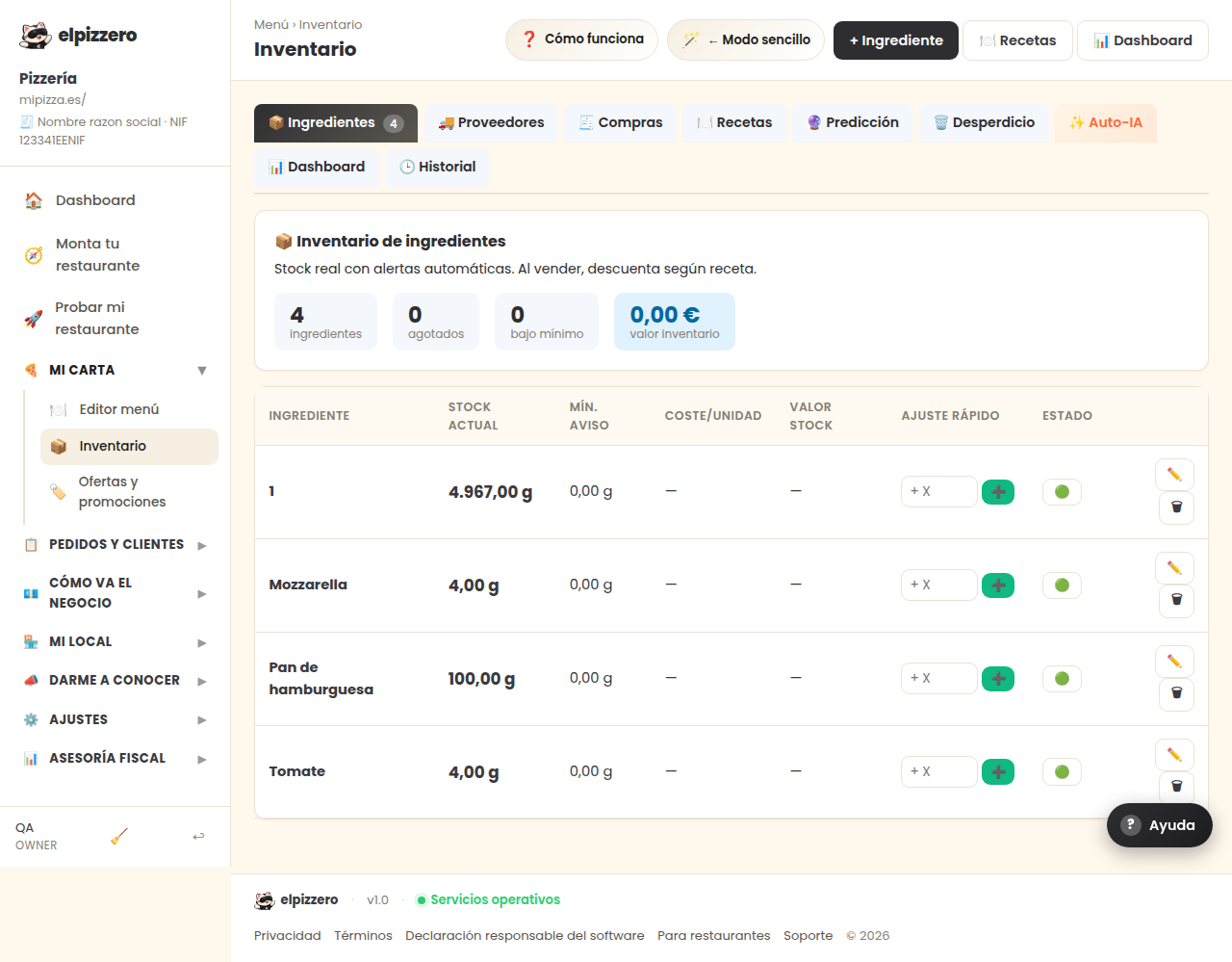 Inventario de ingredientes