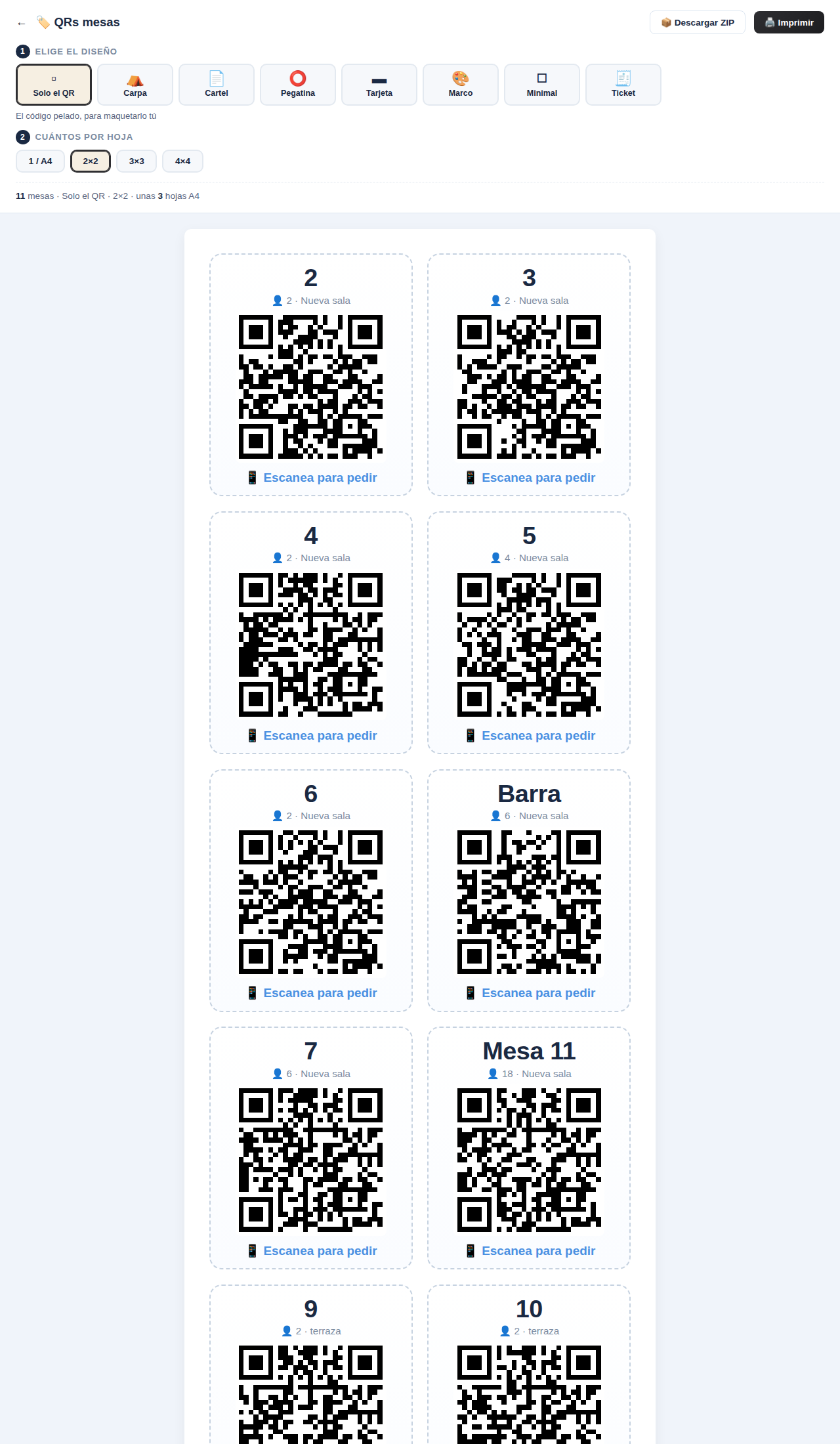 QRs de las mesas